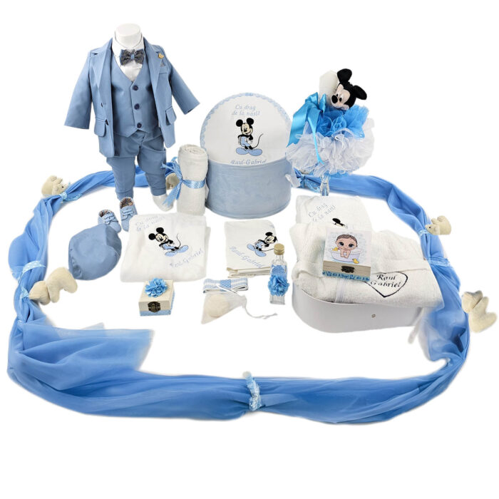 Set Botez "Raul Gabriel", format din Trusou Complet, Lumanare si Tinuta Eleganta, model Mickey, 25 piese, pentru Baieti, culoare Bleumarin, marca LoreBebe ® - imagine 1