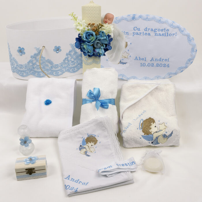 Set Botez "Aripile Ingerasului", format din Trusou Complet si Lumanare, model Ingeras, 10 piese, pentru Baieti, culoare Bleumarin, marca LoreBebe ® - imagine 1