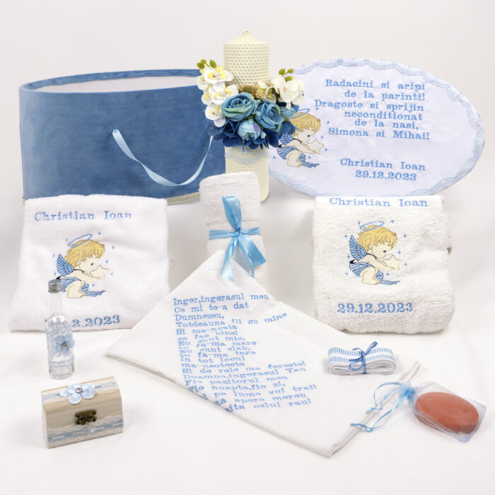 Set Botez "Christian Ioan", format din Trusou Complet si Lumanare, model Ingeras, 10 piese, pentru Baieti, culoare Bleumarin, marca LoreBebe ® - imagine 1