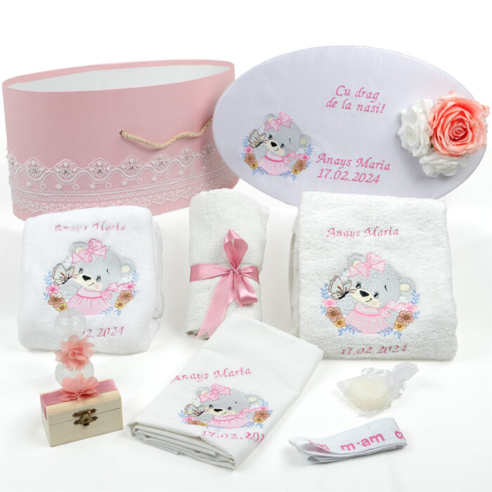 Trusou Botez "Imbratisarea Fericirii", model Ursulet, 9 piese, pentru Fete, culoare Roz , marca LoreBebe ® - imagine 1