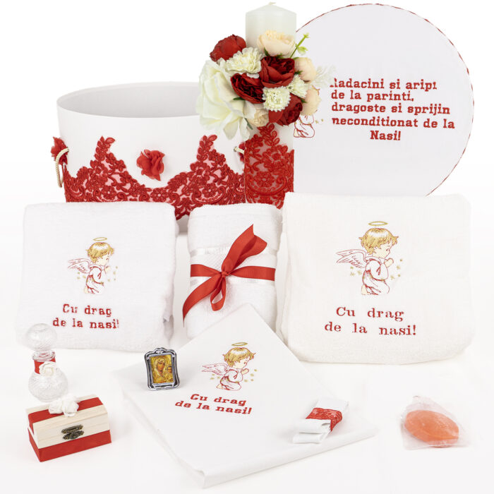 Set Botez "Ingerasul Regal", format din Trusou Complet si Lumanare, model Ingeras, 10 piese, pentru Fete, culoare Rosu, marca LoreBebe ® - imagine 1