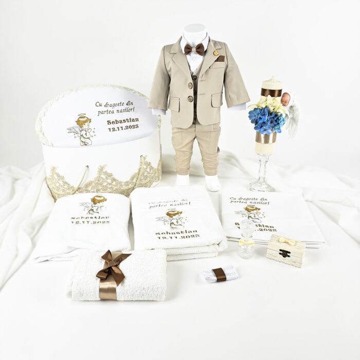 Set Botez "Ingerasul de Lumina", format din Trusou Complet, Lumanare si Tinuta Eleganta, model Ingeras, 16 piese, pentru Baieti, culoare Auriu, marca LoreBebe ® - imagine 1