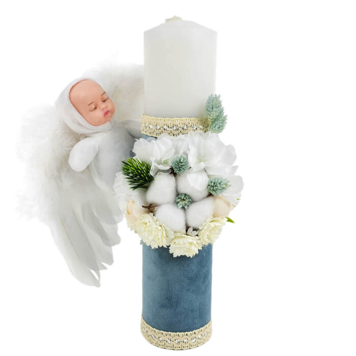 Lumanare Botez din Ceara, model "Ingeras pe Catifea ", culoare Bleumarin, marca LoreBebe ® - imagine 1