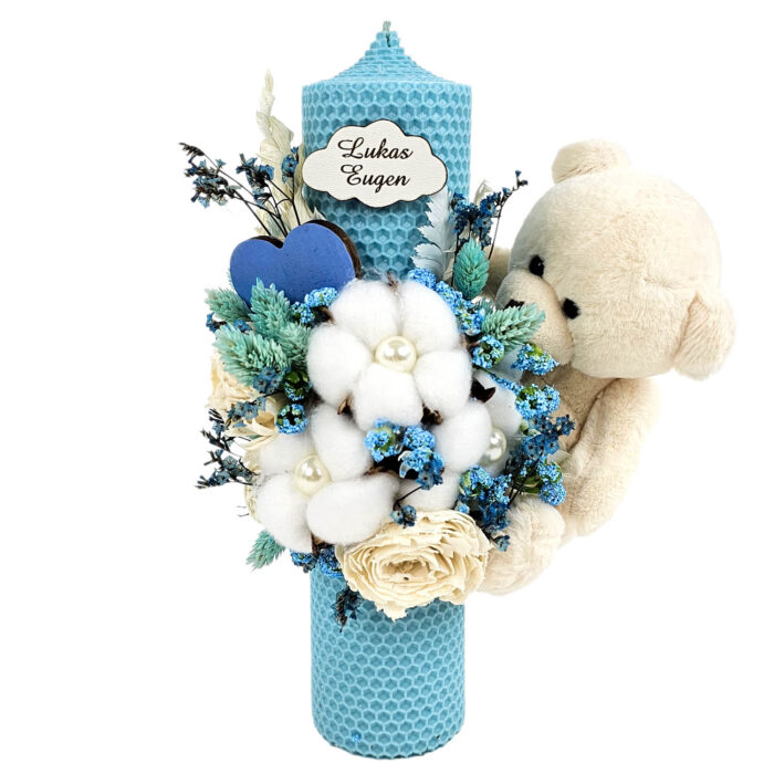 Lumanare Botez din Ceara, model "Lukas si Atingeri Florale", culoare Bleumarin, marca LoreBebe ® - imagine 1
