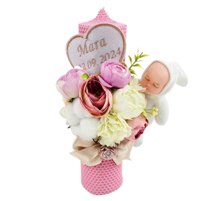 Lumanare Botez din Ceara, model "Mara si Ingerasul Pazitor", culoare Roz , marca LoreBebe ® - imagine 1