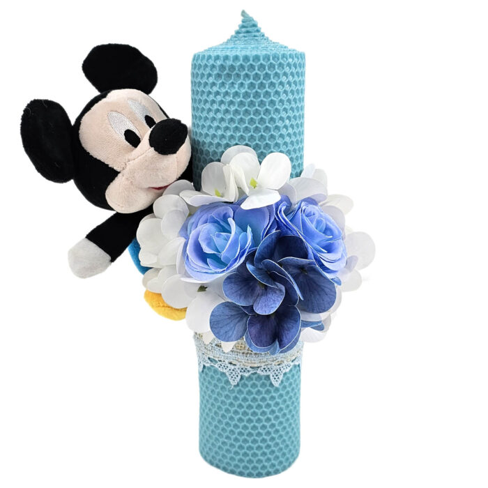 Lumanare Botez din Ceara, model "Mickey si Motive Florale", culoare Bleumarin, marca LoreBebe ® - imagine 1