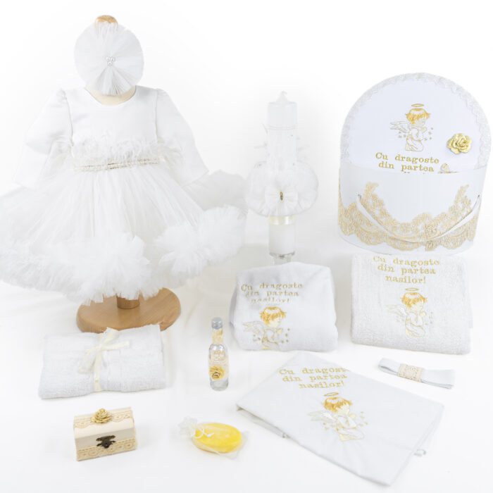 Set Botez "Alb ca Zapada", format din Trusou Complet, Lumanare si Tinuta Eleganta, model Ingeras, 12 piese, pentru Fete, culoare Alb, marca LoreBebe ® - imagine 1
