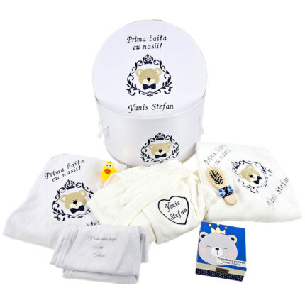 Set Prima Baita cu Nasii "Yanis Stefan", model Ursulet, 8 piese, pentru Baieti, culoare Albastru, marca LoreBebe ®