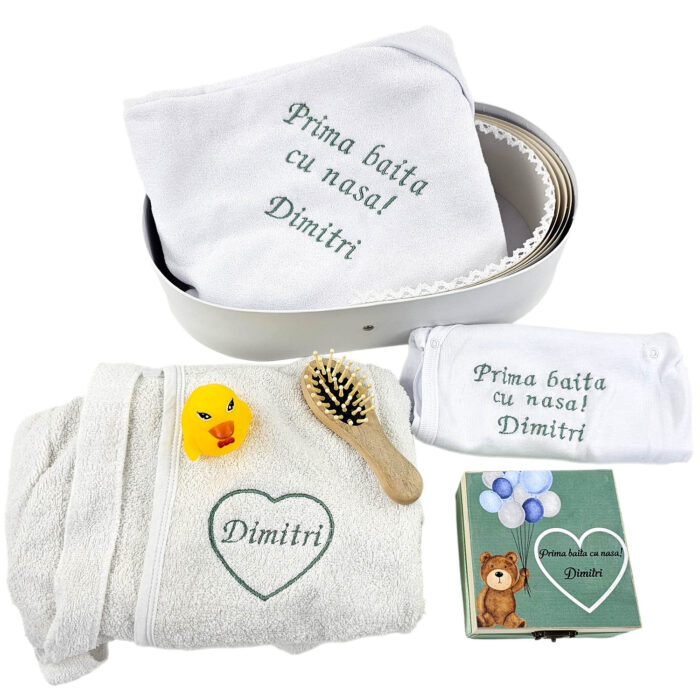 Set Prima Baita cu Nasii "Dimitri", model Ursulet, 7 piese, pentru Baieti, culoare Verde, marca LoreBebe ® - imagine 1