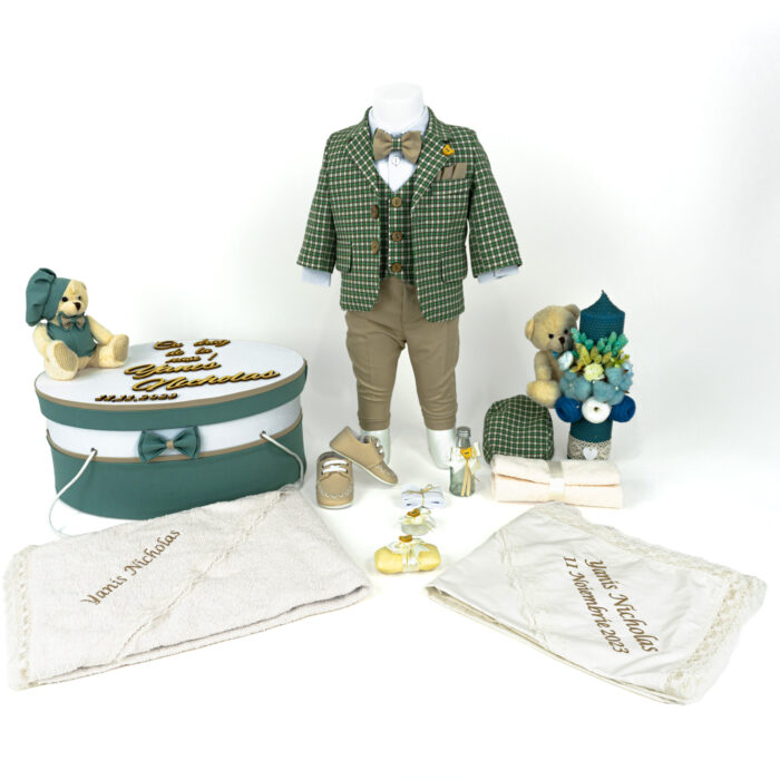 Set Botez "Teddy Bear Carouri", format din Trusou Complet, Lumanare si Tinuta Eleganta, model Ursulet, 17 piese, pentru Baieti, culoare Verde, marca LoreBebe ® - imagine 1