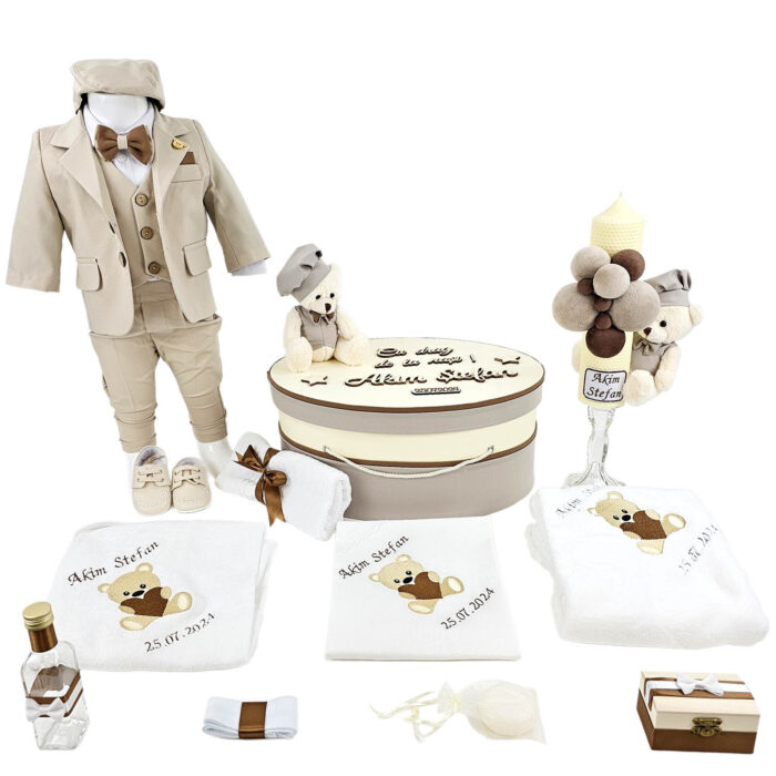 Set Botez "Akim Stefan", format din Trusou Complet, Lumanare si Tinuta Eleganta, model Ursulet, 17 piese, pentru Baieti, culoare Crem, marca LoreBebe ® - imagine 1