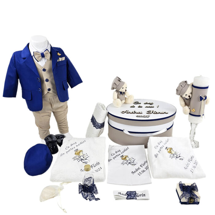 Set Botez "Andrei Florin", format din Trusou Complet, Lumanare si Tinuta Eleganta, model Ursulet, 17 piese, pentru Baieti, culoare Albastru, marca LoreBebe ® - imagine 1