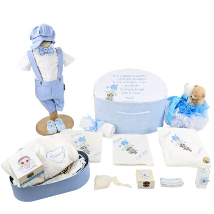 Set Botez "David", format din Trusou Complet, Lumanare si Tinuta Eleganta, model Ursulet, 24 piese, pentru Baieti, culoare Bleumarin, marca LoreBebe ®