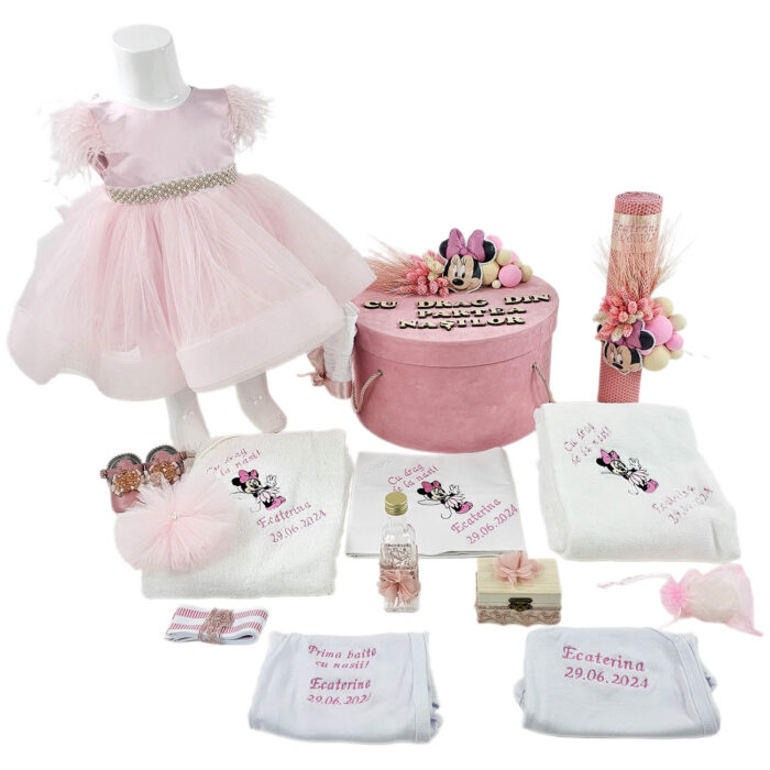 Set Botez "Ecaterina", format din Trusou Complet, Lumanare si Tinuta Eleganta, model Minnie, 15 piese, pentru Fete, culoare Roz , marca LoreBebe ® - imagine 1