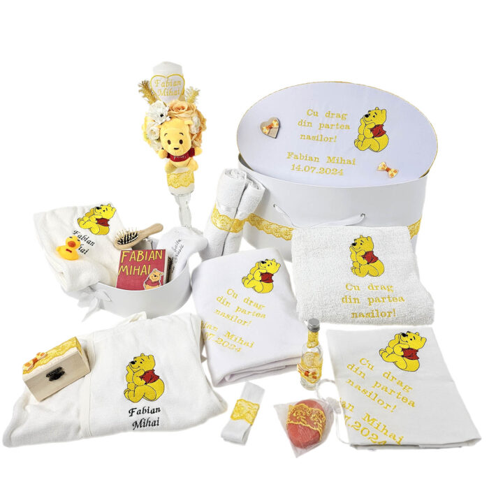 Set Botez "Fabian Mihai", format din Trusou Complet si Lumanare, model Winnie The Pooh, 16 piese, pentru Baieti, culoare Galben, marca LoreBebe ® - imagine 1
