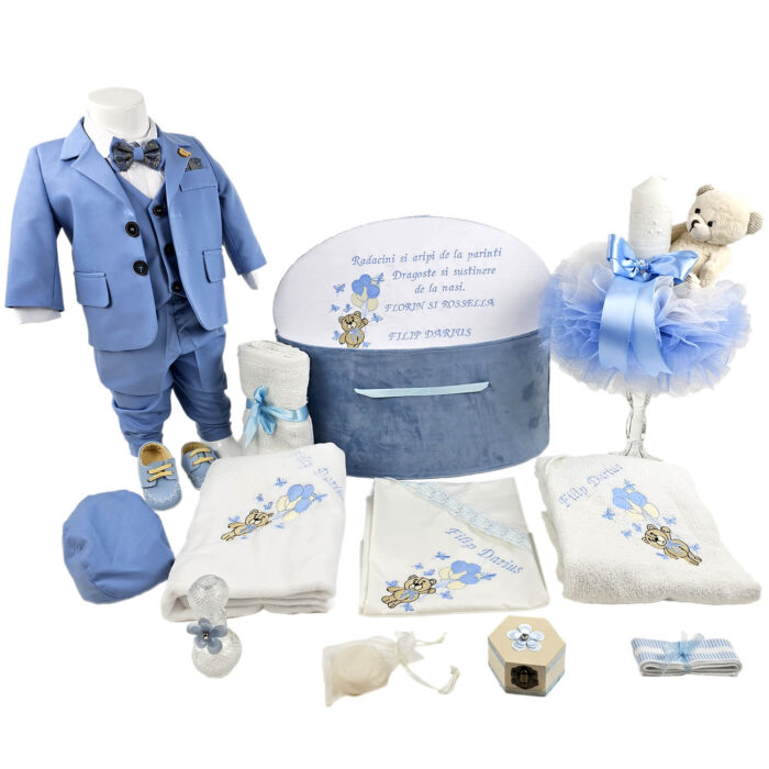 Set Botez "Filip Darius", format din Trusou Complet, Lumanare si Tinuta Eleganta, model Ursulet, 17 piese, pentru Baieti, culoare Bleumarin, marca LoreBebe ® - imagine 1