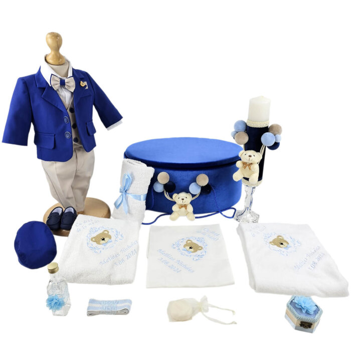 Set Botez "Mathias Nicholas", format din Trusou Complet, Lumanare si Tinuta Eleganta, model Ursulet, 17 piese, pentru Baieti, culoare Albastru, marca LoreBebe ® - imagine 1