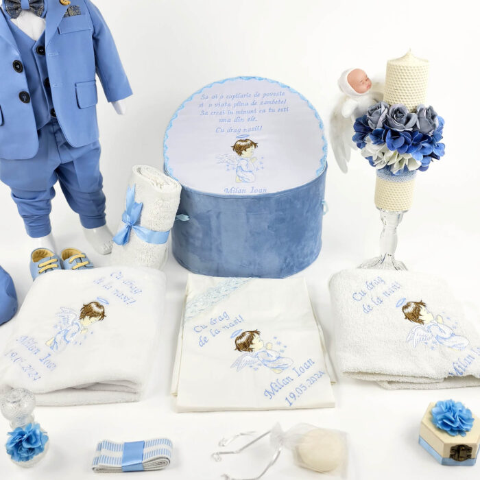 Set Botez "Milan Ioan", format din Trusou Complet, Lumanare si Tinuta Eleganta, model Ingeras, 17 piese, pentru Baieti, culoare Bleumarin, marca LoreBebe ® - imagine 2