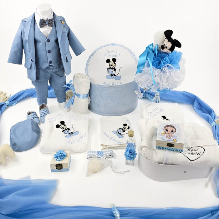 Set Botez "Raul Gabriel", format din Trusou Complet, Lumanare si Tinuta Eleganta, model Mickey, 25 piese, pentru Baieti, culoare Bleumarin, marca LoreBebe ® - imagine 2