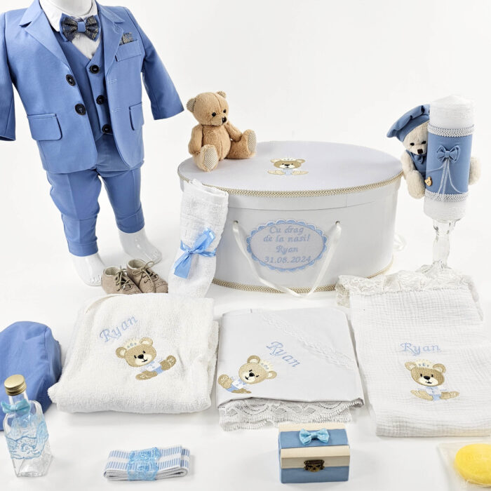 Set Botez "Ryan", format din Trusou Complet, Lumanare si Tinuta Eleganta, model Ursulet, 17 piese, pentru Baieti, culoare Bleumarin, marca LoreBebe ® - imagine 2