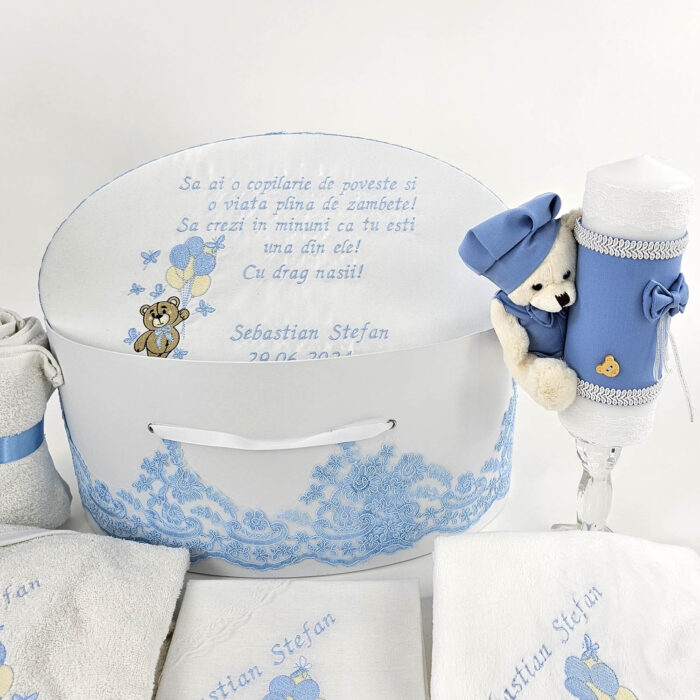 Set Botez "Sebastian Stefan", format din Trusou Complet, Lumanare si Tinuta Eleganta, model Ursulet, 23 piese, pentru Baieti, culoare Bleumarin, marca LoreBebe ® - imagine 2
