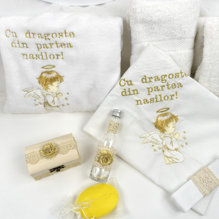 Set Botez "Ingeras de Lumina", format din Trusou Complet si Lumanare, model Ingeras, 10 piese, pentru Fete, culoare Auriu, marca LoreBebe ® - imagine 2