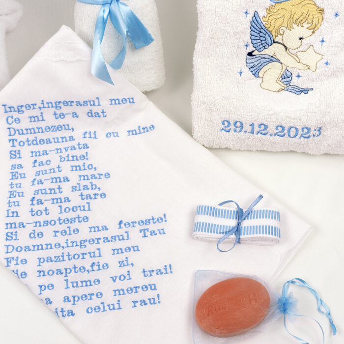 Set Botez "Christian Ioan", format din Trusou Complet si Lumanare, model Ingeras, 10 piese, pentru Baieti, culoare Bleumarin, marca LoreBebe ® - imagine 2