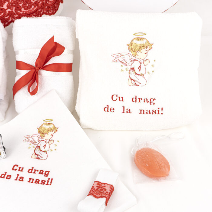 Set Botez "Ingerasul Regal", format din Trusou Complet si Lumanare, model Ingeras, 10 piese, pentru Fete, culoare Rosu, marca LoreBebe ® - imagine 2