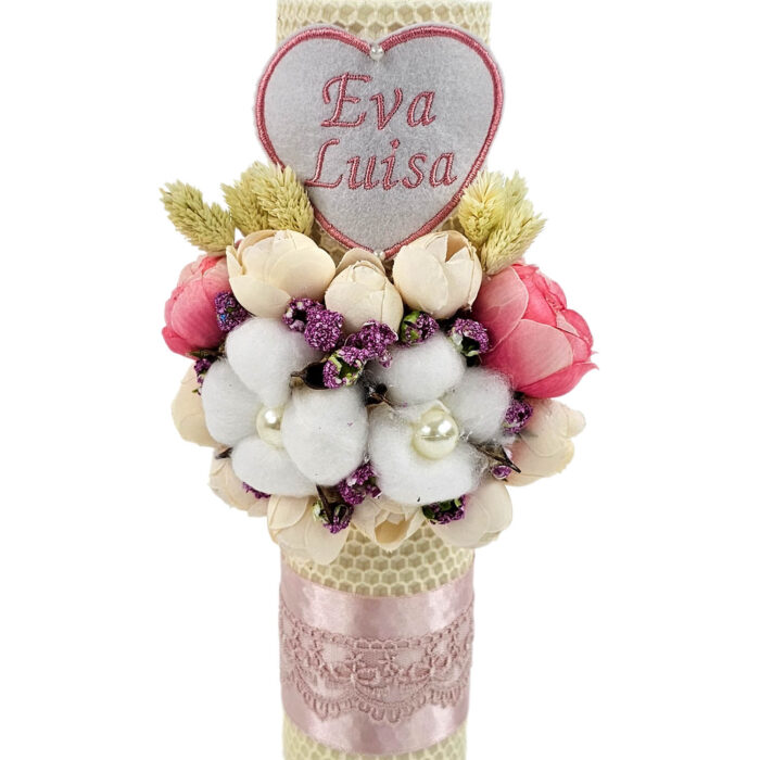 Lumanare Botez din Ceara, model "Eva si Accente Florale", culoare Somon, marca LoreBebe ® - imagine 2