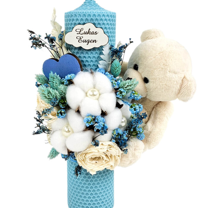Lumanare Botez din Ceara, model "Lukas si Atingeri Florale", culoare Bleumarin, marca LoreBebe ® - imagine 2