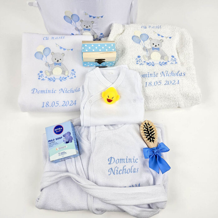 Set Prima Baita cu Nasii "Nicholas", model Ursulet, 8 piese, pentru Baieti, culoare Bleumarin, marca LoreBebe ® - imagine 2