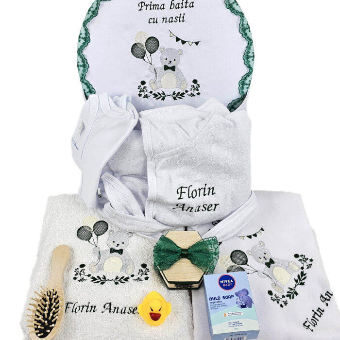 Set Prima Baita cu Nasii "Florin", model Ursulet, 8 piese, pentru Baieti, culoare Verde, marca LoreBebe ® - imagine 2