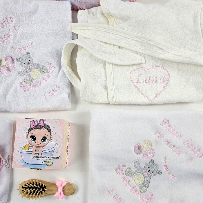 Set Prima Baita cu Nasii "Luna", model Ursulet, 8 piese, pentru Fete, culoare Roz , marca LoreBebe ® - imagine 2