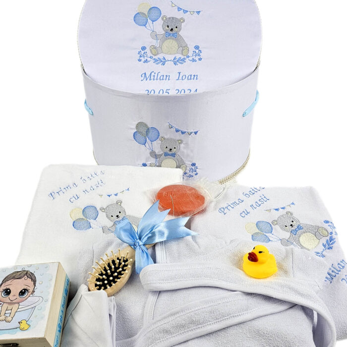 Set Prima Baita cu Nasii "Milan Ioan", model Ursulet, 8 piese, pentru Baieti, culoare Bleumarin, marca LoreBebe ® - imagine 2