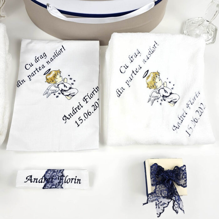 Set Botez "Andrei Florin", format din Trusou Complet, Lumanare si Tinuta Eleganta, model Ursulet, 17 piese, pentru Baieti, culoare Albastru, marca LoreBebe ® - imagine 2