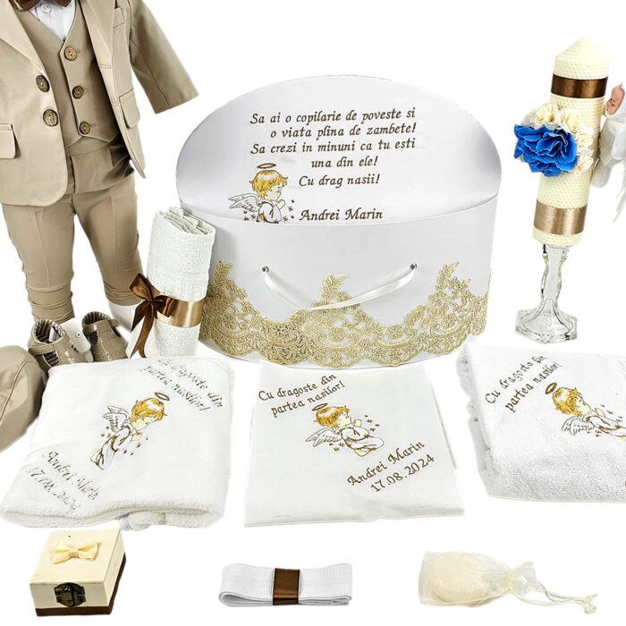 Set Botez "Andrei Marin", format din Trusou Complet, Lumanare si Tinuta Eleganta, model Ingeras, 17 piese, pentru Baieti, culoare Crem, marca LoreBebe ® - imagine 2