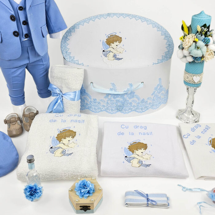 Set Botez "Ingerasul", format din Trusou Complet, Lumanare si Tinuta Eleganta, model Ingeras, 17 piese, pentru Baieti, culoare Bleumarin, marca LoreBebe ® - imagine 2