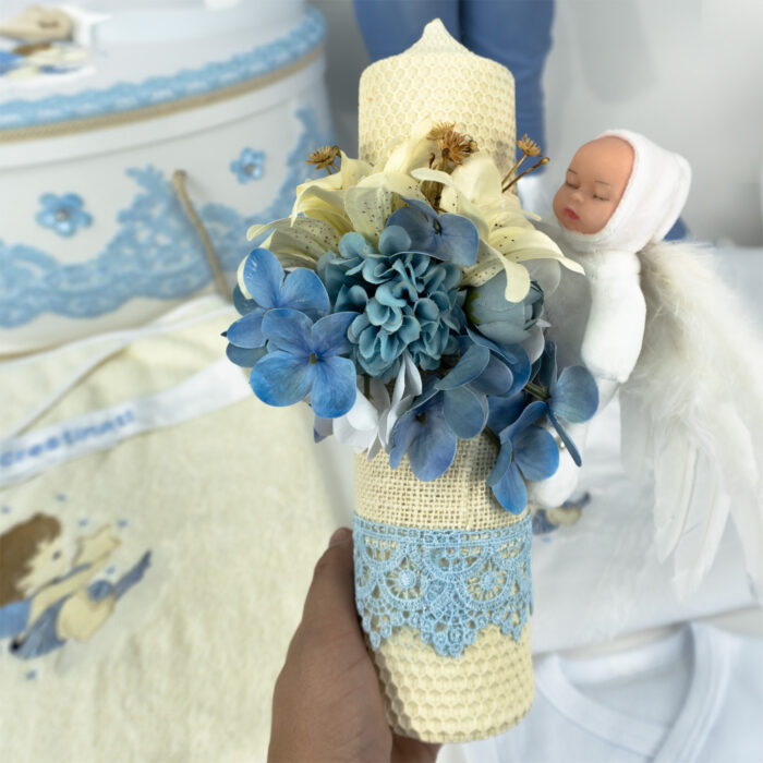 Set Botez "Aripile Ingerasului", format din Trusou Complet, Lumanare si Tinuta Eleganta, model Ingeras, 17 piese, pentru Baieti, culoare Bleumarin, marca LoreBebe ® - imagine 3