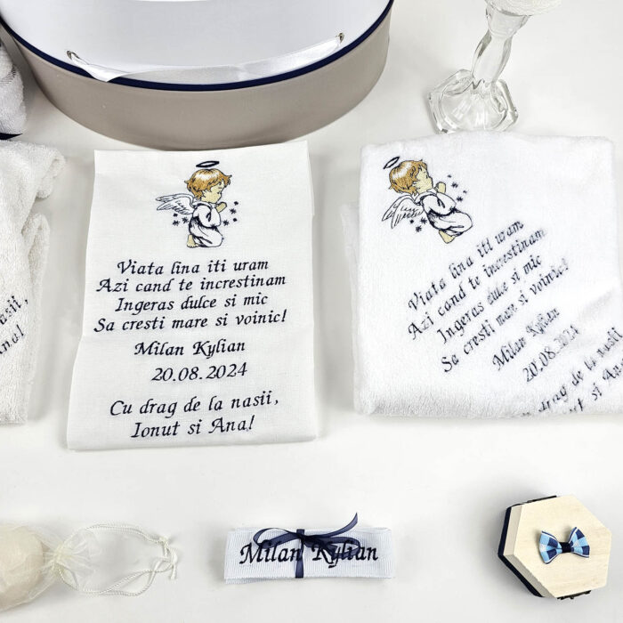 Set Botez "Milan Kylian", format din Trusou Complet, Lumanare si Tinuta Eleganta, model Ingeras, 17 piese, pentru Baieti, culoare Albastru, marca LoreBebe ® - imagine 3