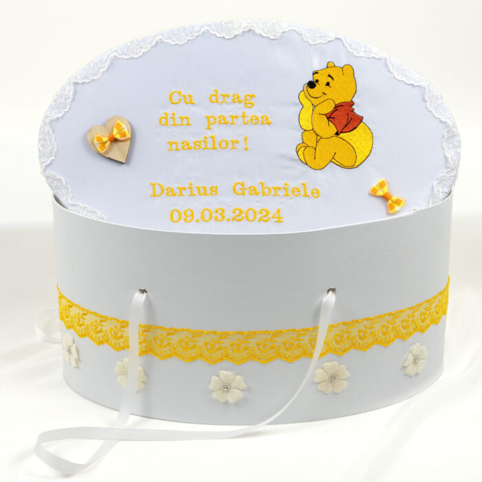 Set Botez "Winnie", format din Trusou Complet si Lumanare, model Winnie de Plus, 10 piese, pentru Baieti, Fete, culoare Galben, marca LoreBebe ® - imagine 3