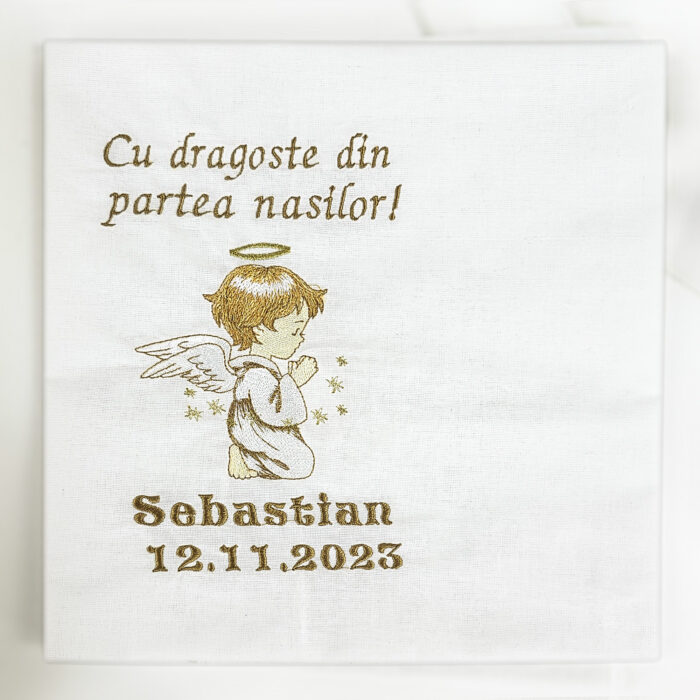 Set Botez "Ingerasul de Lumina", format din Trusou Complet, Lumanare si Tinuta Eleganta, model Ingeras, 16 piese, pentru Baieti, culoare Auriu, marca LoreBebe ® - imagine 3