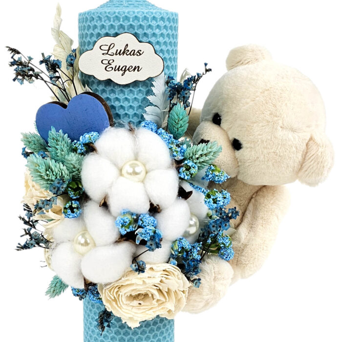 Lumanare Botez din Ceara, model "Lukas si Atingeri Florale", culoare Bleumarin, marca LoreBebe ® - imagine 3