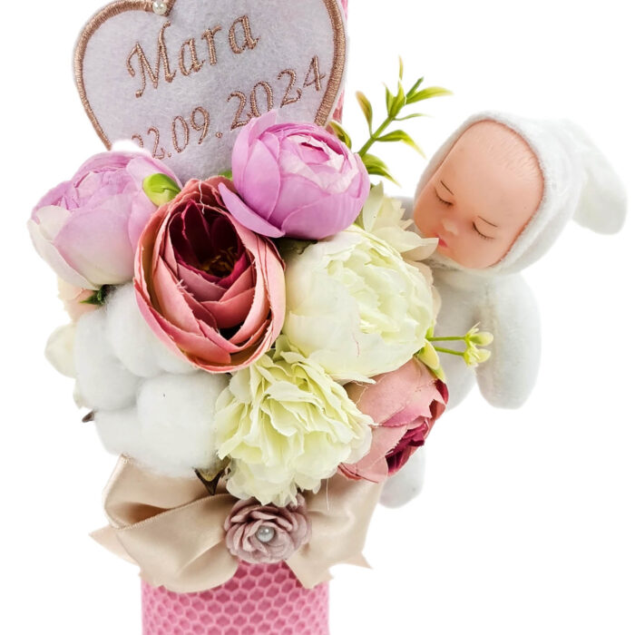 Lumanare Botez din Ceara, model "Mara si Ingerasul Pazitor", culoare Roz , marca LoreBebe ® - imagine 3