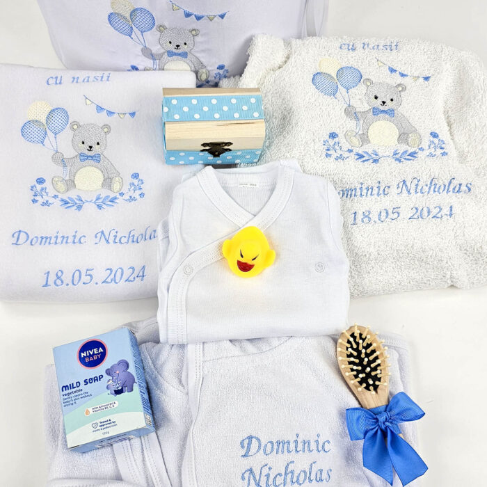 Set Prima Baita cu Nasii "Nicholas", model Ursulet, 8 piese, pentru Baieti, culoare Bleumarin, marca LoreBebe ® - imagine 3