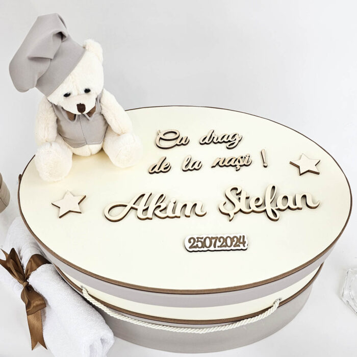Set Botez "Akim Stefan", format din Trusou Complet, Lumanare si Tinuta Eleganta, model Ursulet, 17 piese, pentru Baieti, culoare Crem, marca LoreBebe ® - imagine 3