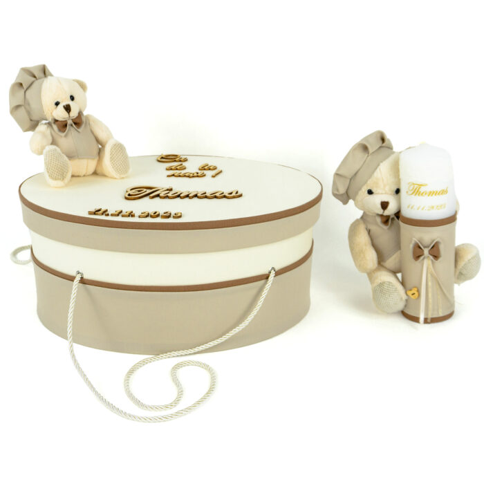 Set Botez "Zambet de Ursulet", format din Trusou Complet, Lumanare si Tinuta Eleganta, model Ursulet, 17 piese, pentru Baieti, culoare Crem, marca LoreBebe ® - imagine 3