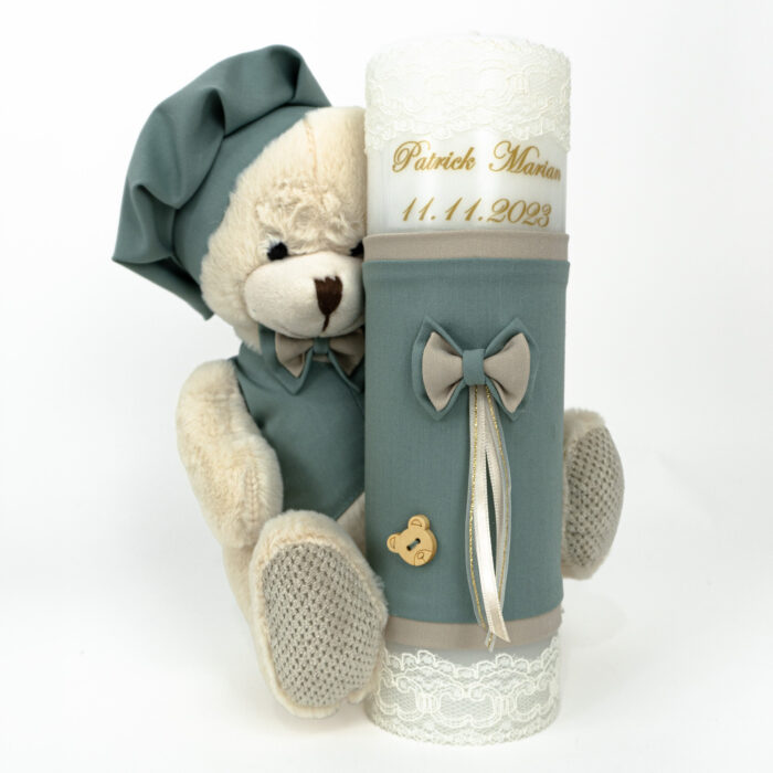 Set Botez "Gradina Fericirii", format din Trusou Complet, Lumanare si Tinuta Eleganta, model Ursulet, 16 piese, pentru Baieti, culoare Verde, marca LoreBebe ® - imagine 3