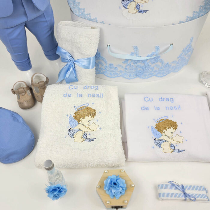 Set Botez "Ingerasul", format din Trusou Complet, Lumanare si Tinuta Eleganta, model Ingeras, 17 piese, pentru Baieti, culoare Bleumarin, marca LoreBebe ® - imagine 3