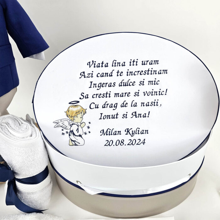 Set Botez "Milan Kylian", format din Trusou Complet, Lumanare si Tinuta Eleganta, model Ingeras, 17 piese, pentru Baieti, culoare Albastru, marca LoreBebe ® - imagine 4