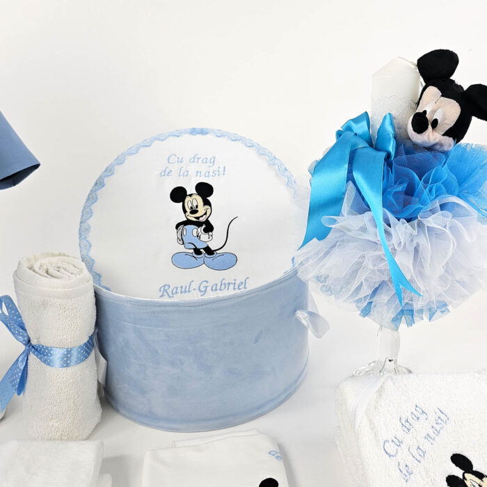Set Botez "Raul Gabriel", format din Trusou Complet, Lumanare si Tinuta Eleganta, model Mickey, 17 piese, pentru Baieti, culoare Bleumarin, marca LoreBebe ® - imagine 4
